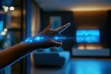 Gesture control device in futuristic home with ambient lighting and space on right