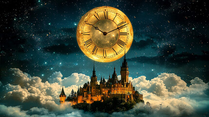 Fantasy castle night sky clock cloudscape, surreal art