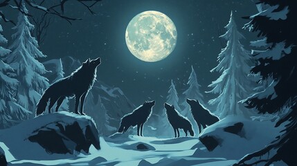 Winter wolves howl at the full moon in a snowy landscape illustration