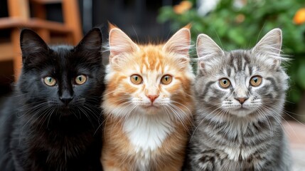 Three adorable cats showcase their unique personalities against a backdrop of vibrant greenery, capturing a moment of feline charm and curiosity