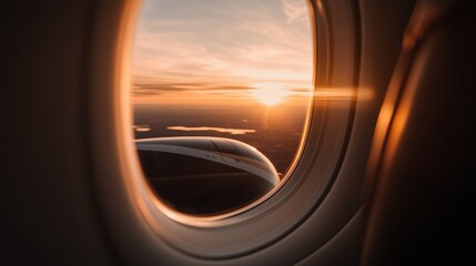 Fototapeta premium Luxurious view from a private jet showcasing a breathtaking tangerine sunset with golden hour lighting reflecting on sleek leather interiors