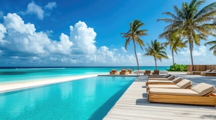Fototapeta premium Stylish beachfront pool area with contemporary wooden lounge chairs, a swim-up bar, and a view of the endless horizon. A perfect luxury escape. Copy space available.