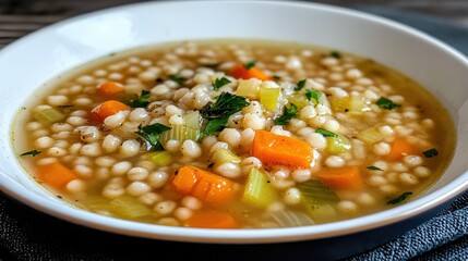 Warm and comforting pearl barley soup with leeks, carrots, and a hint of herb vinegar perfect for chilly days