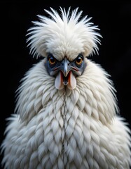 Close-Up of a Silkie Chicken with Fluffy Crest Feathers &ndash; Exotic Farm Bird Portrait, bird, poultry, feathers, fluffy, exotic bird, farm animal, close-up, crest feathers, unique chicken, farm bird