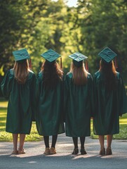 back view of group of students in green graduation gown and cap standing together on asphalt facing green lawn with trees  - ai