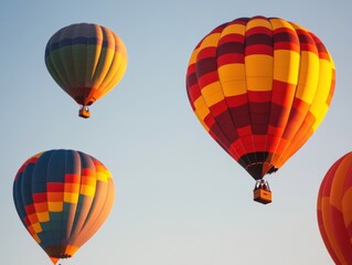Fototapeta premium Hot air balloons in formation with soft morning lighting and negative space on right