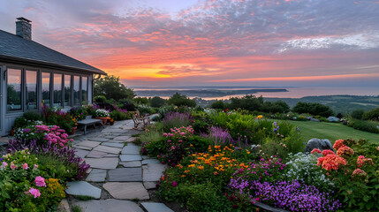 Sunset Overlooking Flower Garden and Stone Pathway Next to Residential Building with Panoramic View