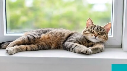 Tabby cat napping on a windowsill.