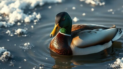Mallard duck swimming in a frozen pond surrounded by patches of snow during winter in a serene nature setting