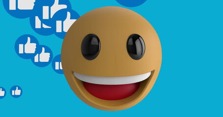 Image of smiling emoji icon with sunglasses with thumbs up icons on blue background