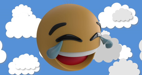 Image of smiling emoji icon with clouds on blue background
