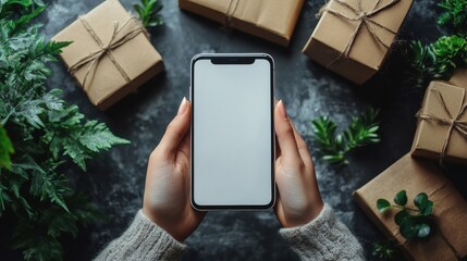 Woman holding smartphone with blank screen surrounded by christmas gifts and plants