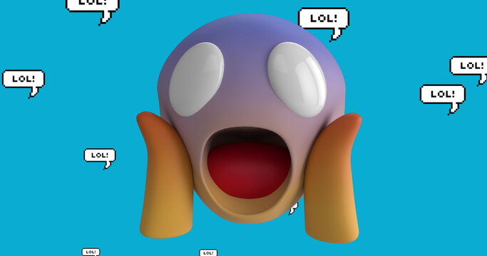 Image of shocked emoji icon with lol text on blue background - Powered by Adobe