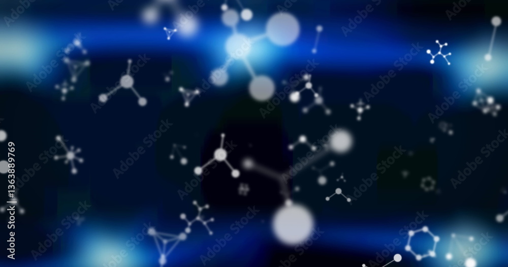 Wall mural digital image of molecular structures floating against blue spots of light on black background