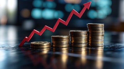 Coins stack growing up following red arrow trend on blurred stock market background