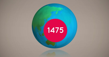 Digital image of a rotating globe with a chat bubble of a followers icon counting up