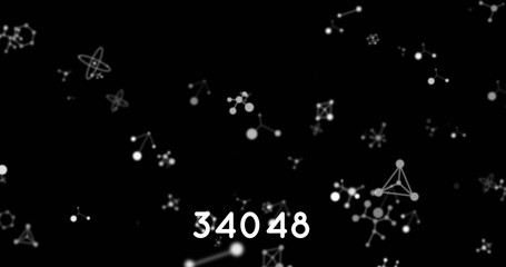 Digital image of increasing numbers over molecular structures floating against black background