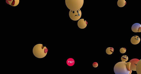 Increasing numbers on round red banner over multiple face emojis floating against black background