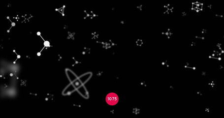 Increasing numbers on round red banner over molecular structures floating against black background