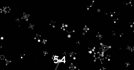 Digital image of increasing numbers over molecular structures floating against black background