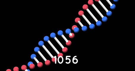 Digital image of increasing numbers over dna structure spinning against black background