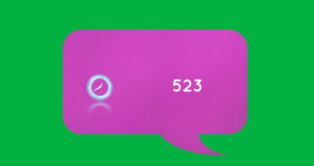 Neon ticking clock and increasing numbers on pink speech bubble against green background
