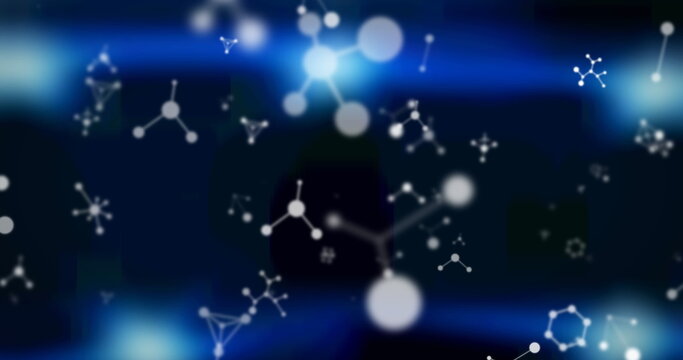 Digital image of molecular structures floating against blue spots of light on black background