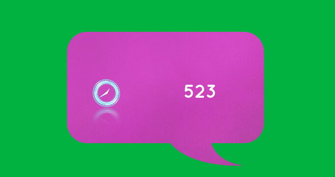 Neon ticking clock and increasing numbers on pink speech bubble against green background - Powered by Adobe