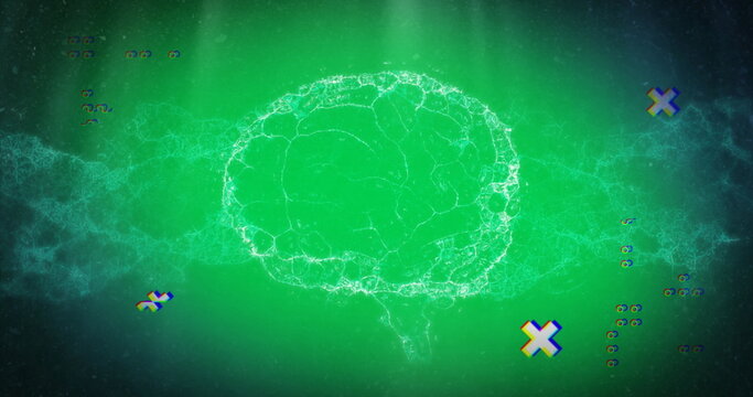 Digital image of abstract shapes over human brain spinning against green background - Powered by Adobe