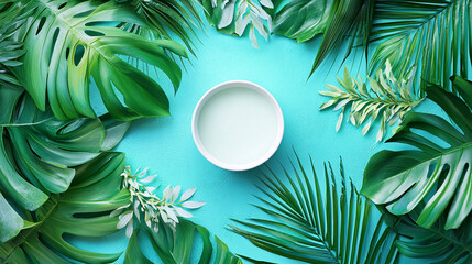 Tropical leaves frame bowl of milk; turquoise background; healthy drink concept