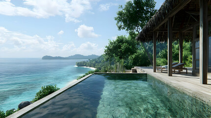 Fototapeta premium Tropical Infinity Pool Overlooking Ocean From Luxury Villa