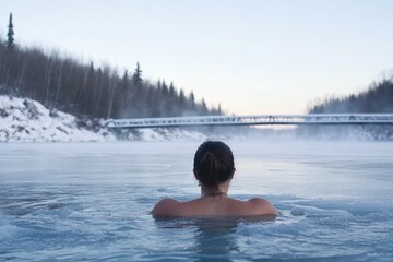 Fototapeta premium Winter bathing: person swims, icy water, cold therapy, body hardening, rejuvenation process, immunity boost, wellness practice, seasonal ritual, invigorating experience, health strengthening.