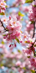 Obraz premium Cherry blossom branches bloom beautifully against a clear blue sky in spring