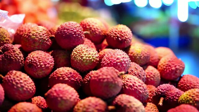 Vivid close-up of lychee fruits with bumpy pinkish-red shells, heaped in a bustling market display, glowing under soft lights with a dreamy blurred backdrop of assorted produce