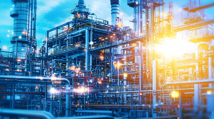 Fototapeta premium Industrial Complex illuminated with blue and yellow lights featuring metallic structures and complex pipeline networks