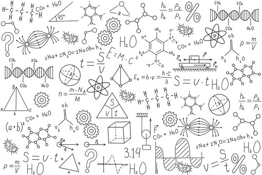School background with written formulas, drawings on geometry, chemistry, biology and physics. School blackboard with handwritten formulas. Scientific illustration for design.