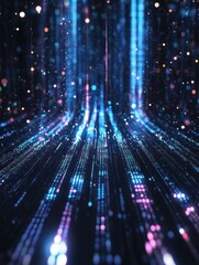 Futuristic digital data streams create a mesmerizing holographic effect with cyber light reflections and vibrant colors