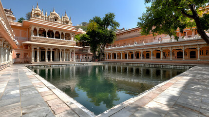 Fototapeta premium Reflective Pool in Courtyard of Ornate Indian Palace Architecture in Jaipur Rajasthan