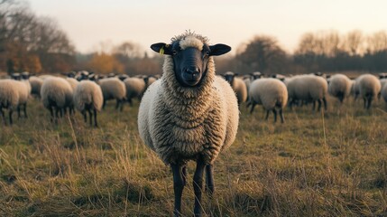 Fototapeta premium A single sheep standing in front of a large herd