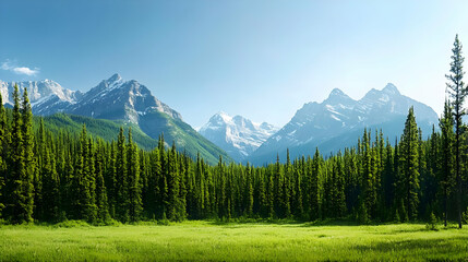 Fototapeta premium Lush Green Forest and Meadow with Majestic Snow Capped Mountains Under a Clear Blue Sky