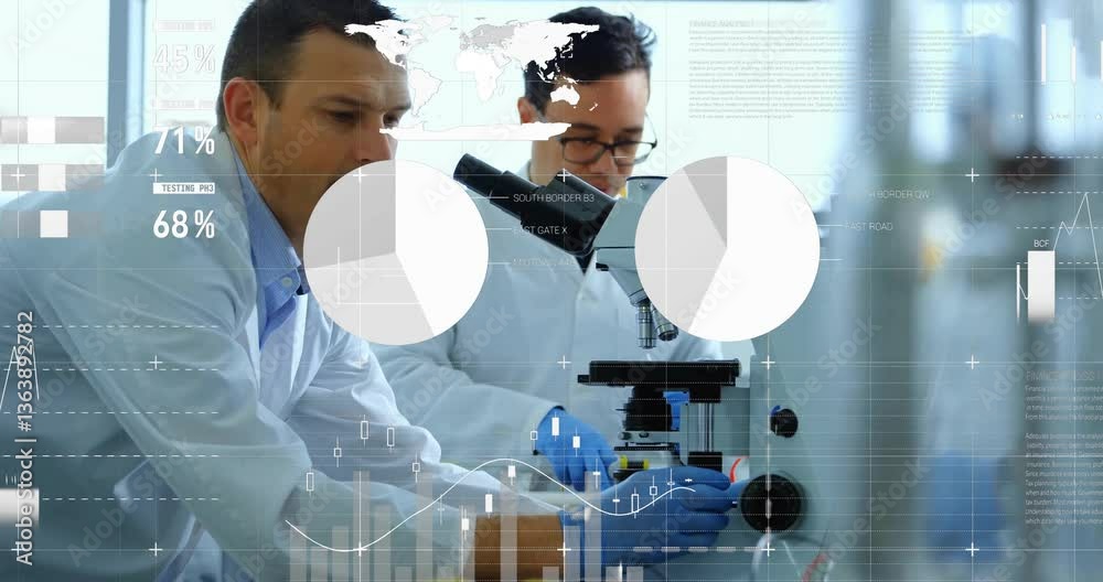 Aufkleber in laboratory, scientists using microscope with data processing animation overlaying scene