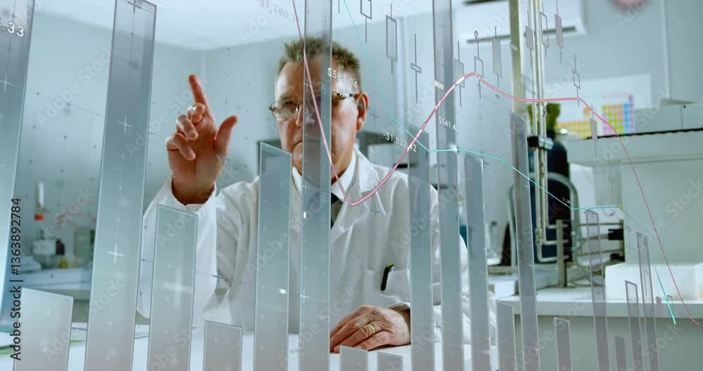 Poster analyzing financial data charts, scientist working in laboratory with animation