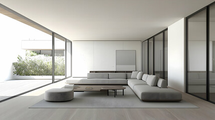 Spacious Modern Living Room Interior With Large Windows White Walls And Comfortable Sectional Sofa