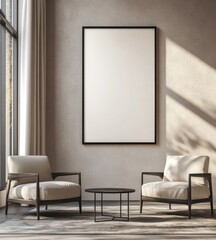 Modern living room with two armchairs, coffee table, and large blank poster.
