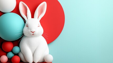 White Fluffy Rabbit Amidst Pastel Spheres and Red Circle on Teal Background