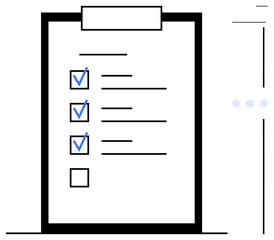 Clipboard with a task checklist, featuring three blue checkmarks and one empty box. Ideal for productivity, organization, planning, progress tracking, project management, to-do lists workflow. Flat