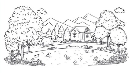 Obraz premium House in mountain valley, spring landscape, birds, illustration, nature scene, home design