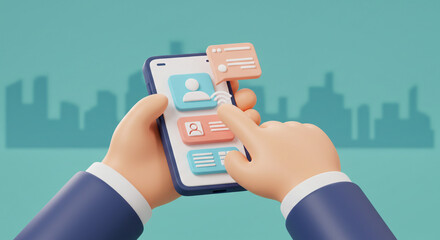 A hand effortlessly interacts with a vibrant mobile app interface featuring user profiles and messages against a calming city skyline backdrop in a playful 3D style.