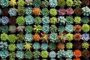 an artistic top-down view of an assorted collection of succulents arranged in a modern, geometric layout 