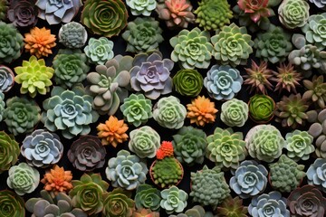an artistic top-down view of an assorted collection of succulents arranged in a modern, geometric layout 